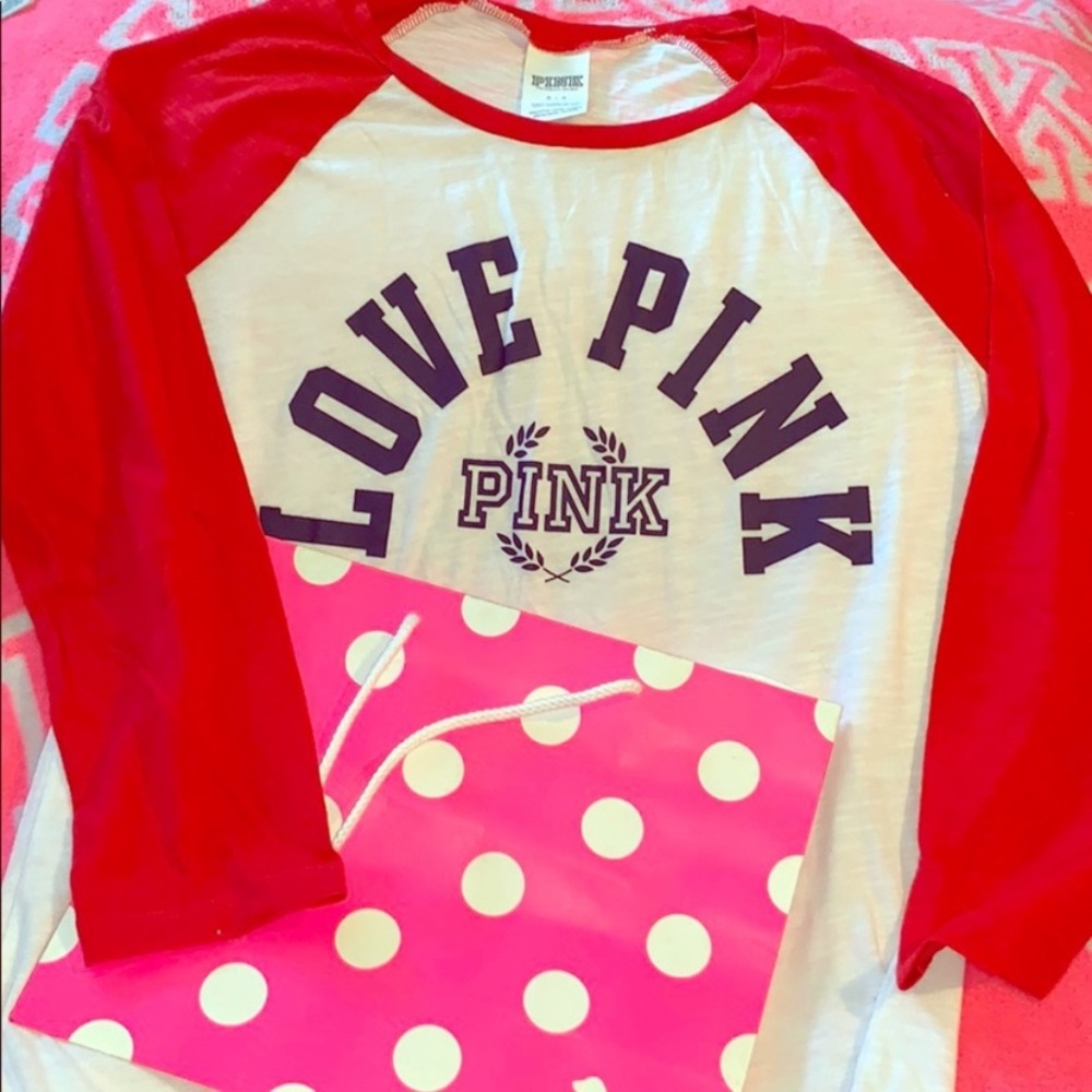 Red and white 3/4 sleeve Victoria’s secrete tee shirt